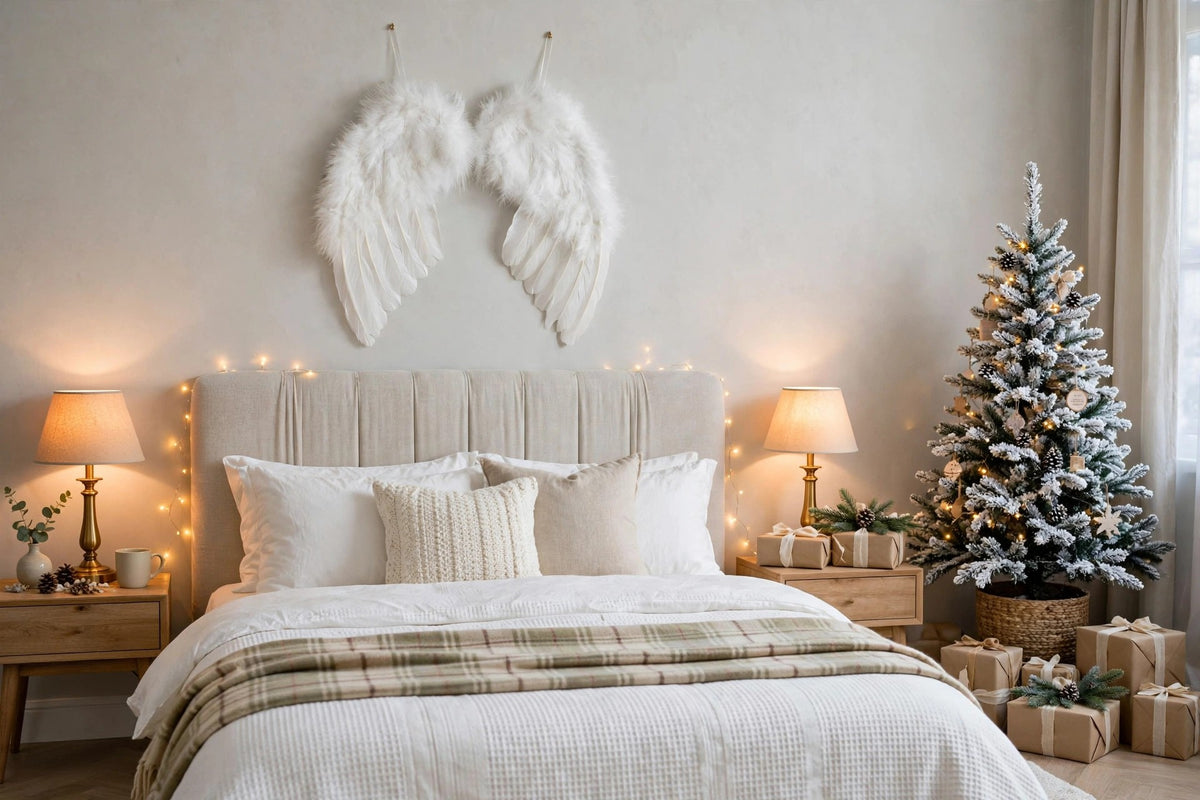 Small Angel Feather Costume Wing -  Large Angel Wings Ornament hung on a wall in a holiday-decorated room