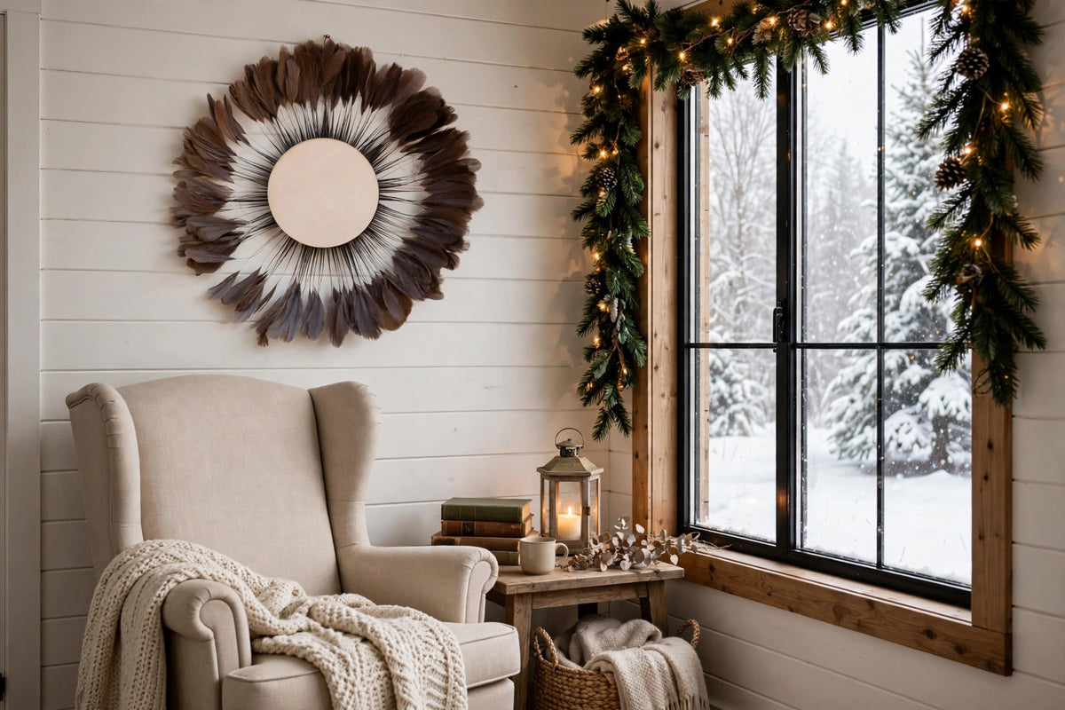 Small Full Moon Brown Feather Wall Art hung on a wall in a holiday-decorated room