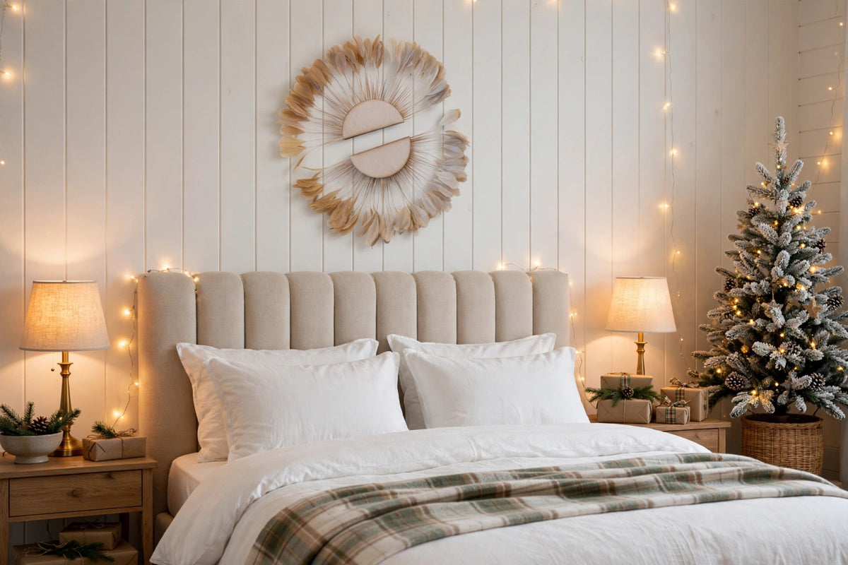 Small half moon Beige Feather Wall Art Set hung on a wall in a holiday-decorated room