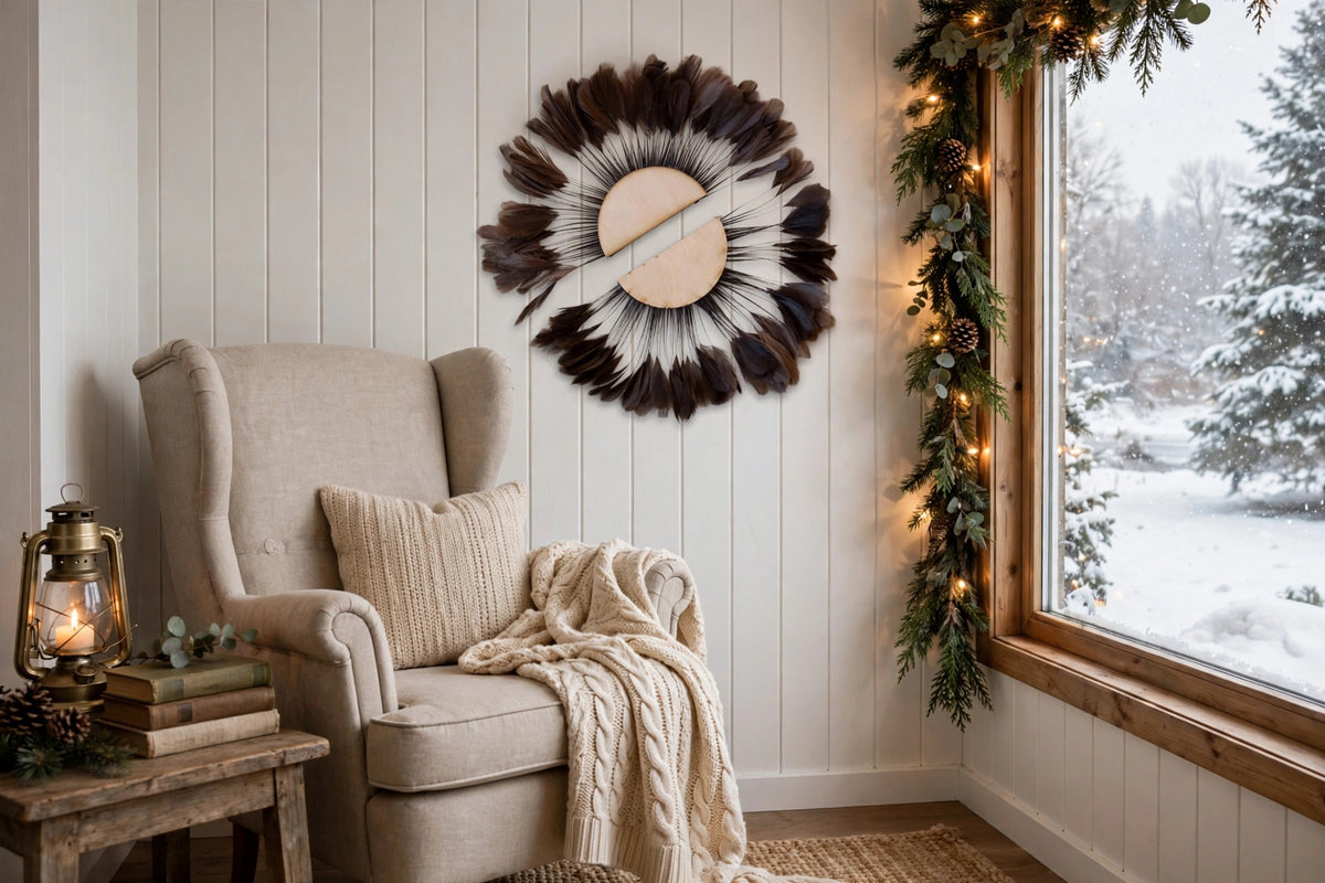Small Half Moon Set Brown Feather Wall Art hung on a wall in a holiday-decorated room