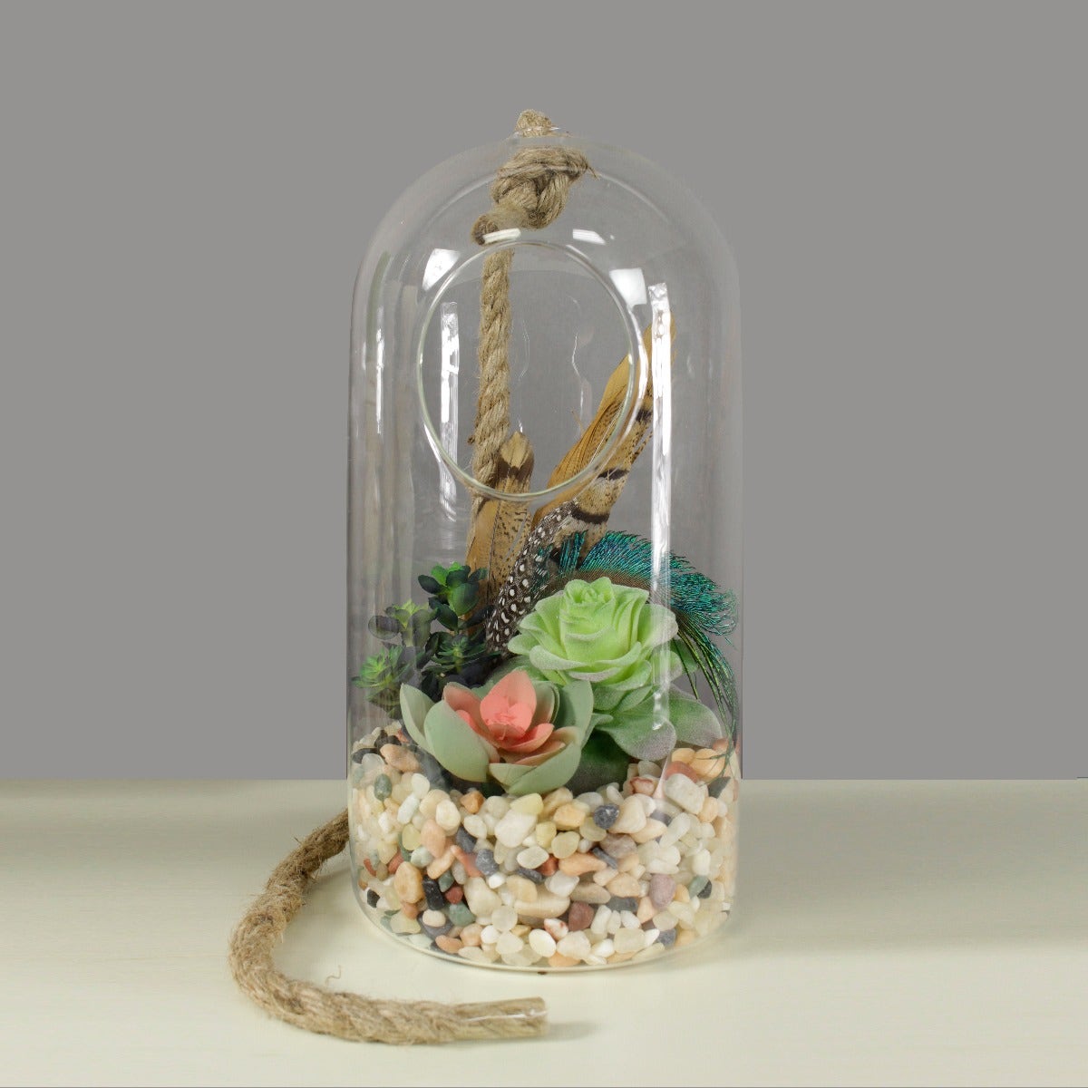 Terrarium Vase With Rope 10.5’’ - Clear - Feathers