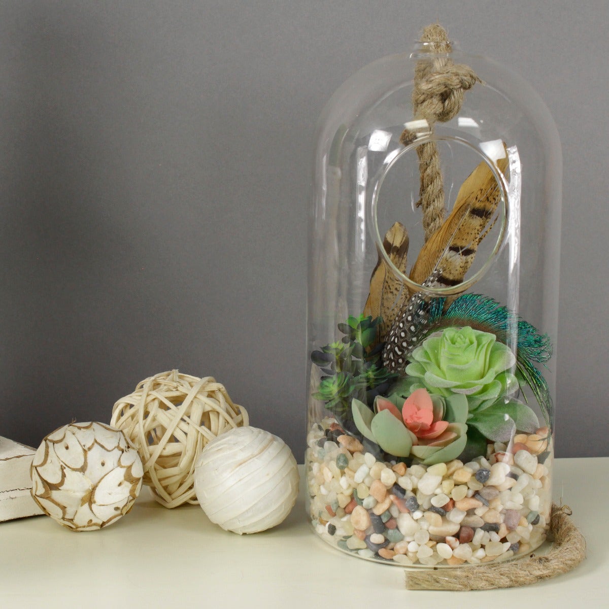 Terrarium Vase With Rope 10.5’’ - Clear - Feathers