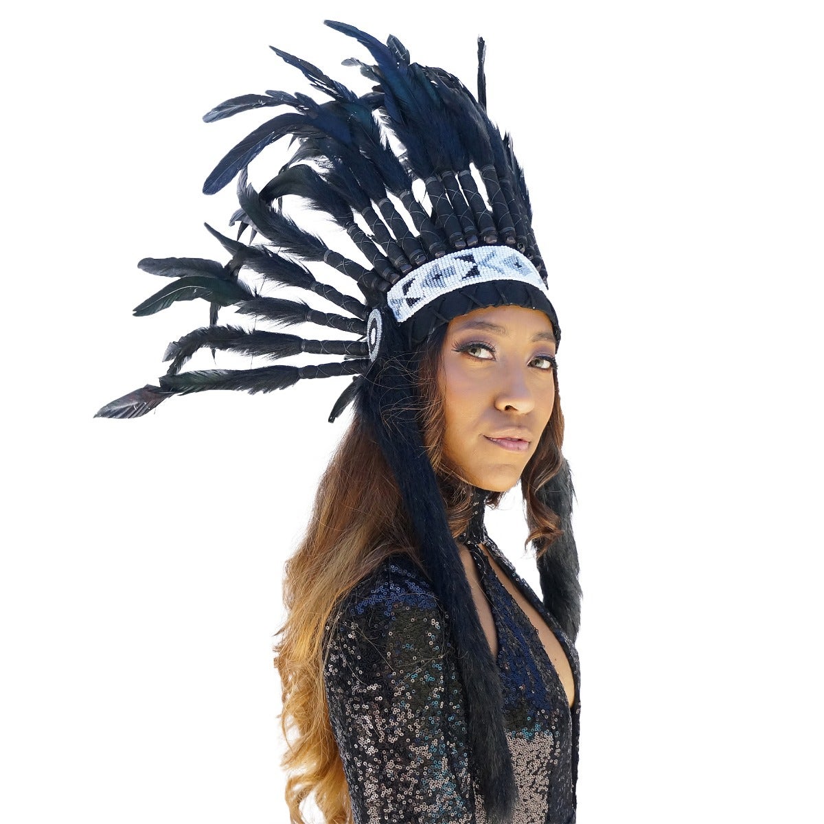 Tribal Style Feather Headdress - Black - Feathers