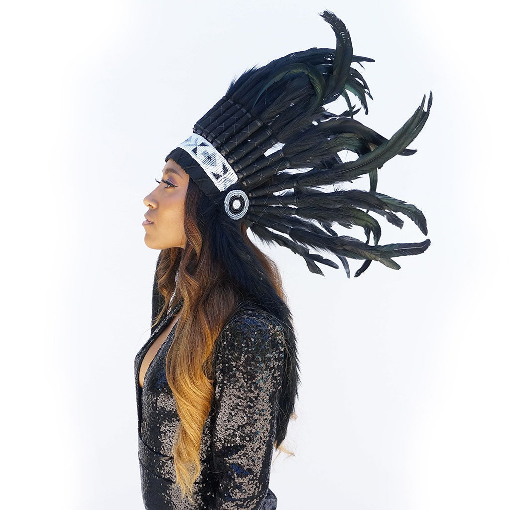 Tribal Style Feather Headdress - Black - Feathers