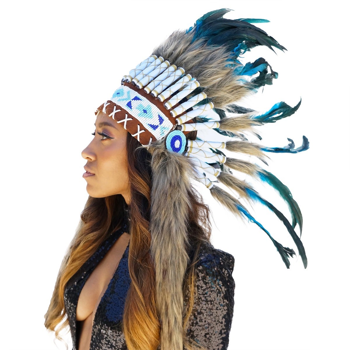 Tribal Style Feather Headdress - Dark Turquoise - Feathers