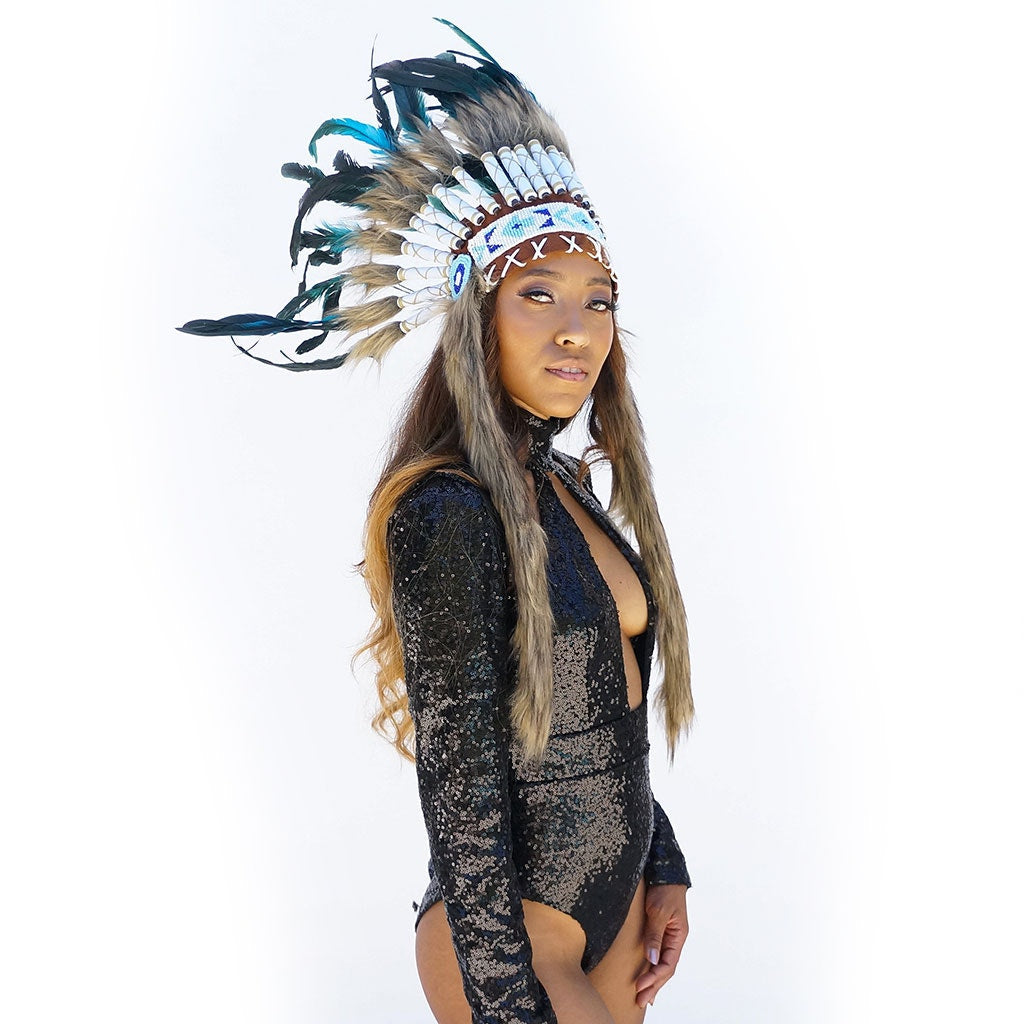 Tribal Style Feather Headdress - Dark Turquoise - Feathers