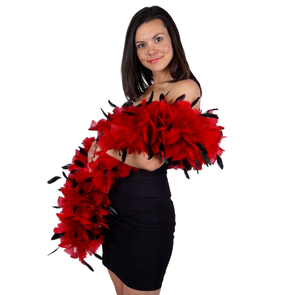 Turkey Feather Boa with Stripped Coque - Red/Black - Turkey Boa