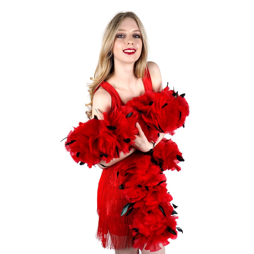 Turkey Feather Boa with Stripped Coque - Red/Black - Turkey Boa