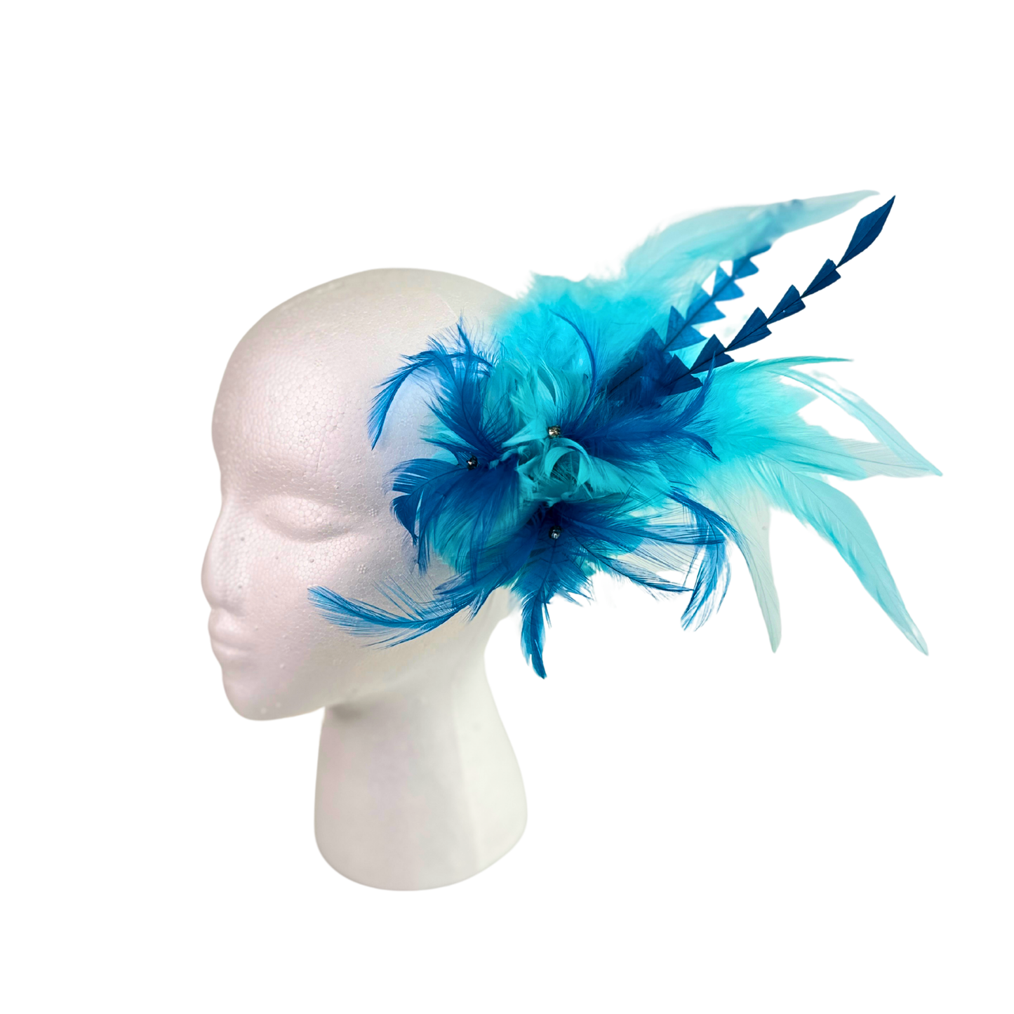 Tropical Feather Flower Clip w/Rooster Saddles 10x8 inch --Light Turquoise/Dark Turquoise