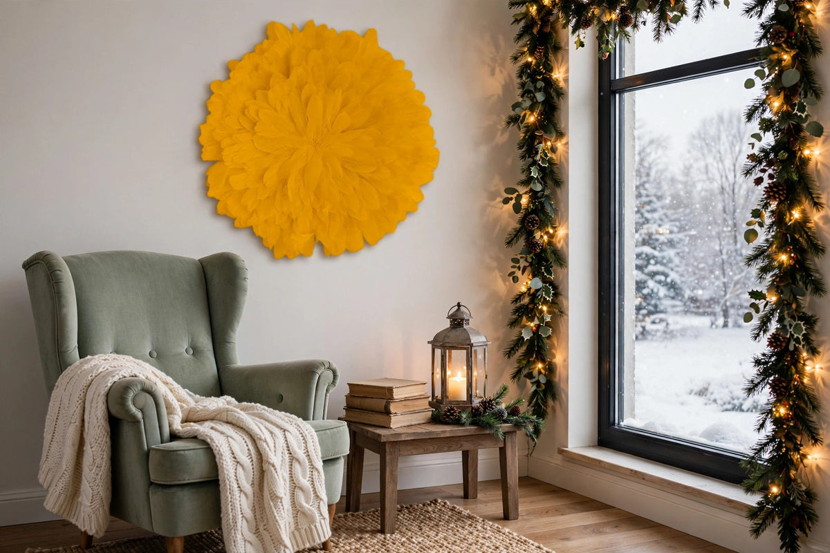 Unique Decorative Feather Wall Art Inspired by African JuJu Hats - Gold hung on a wall in a holiday-decorated room
