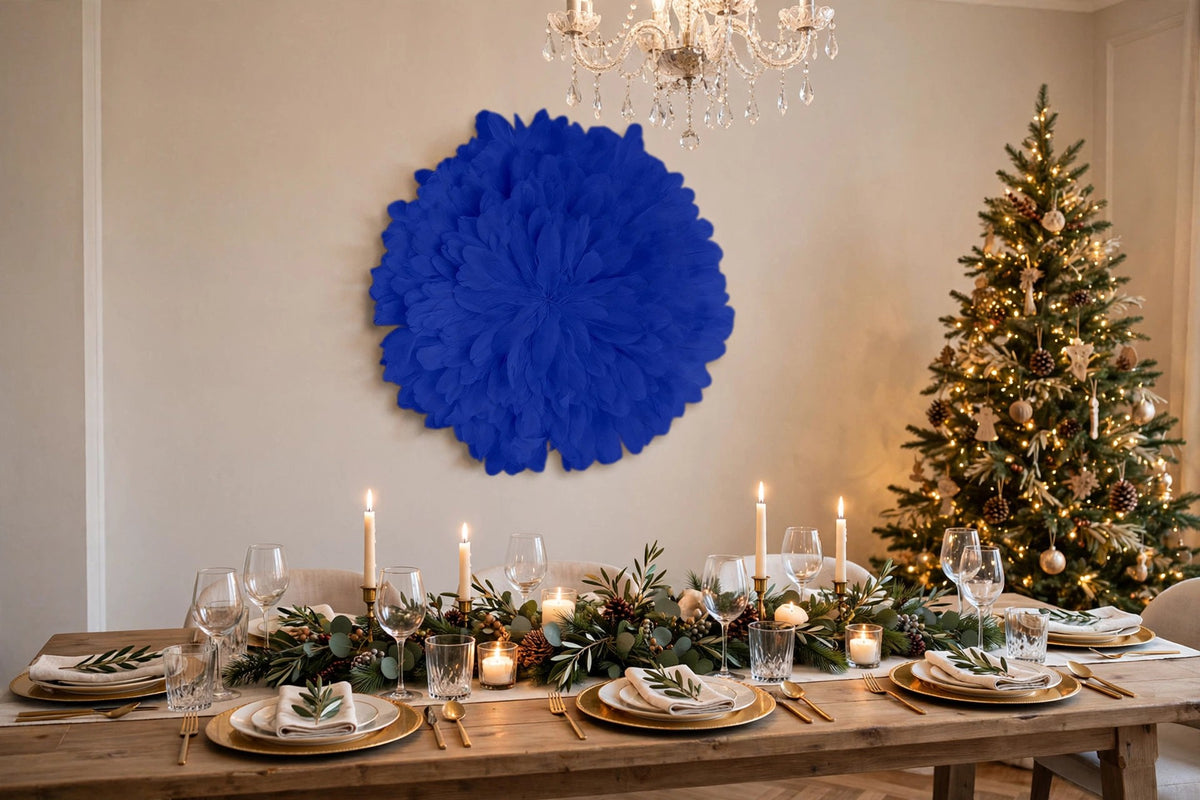 Unique Decorative Feather Wall Art Inspired by African JuJu Hats - Navy hung on a wall in a holiday-decorated room