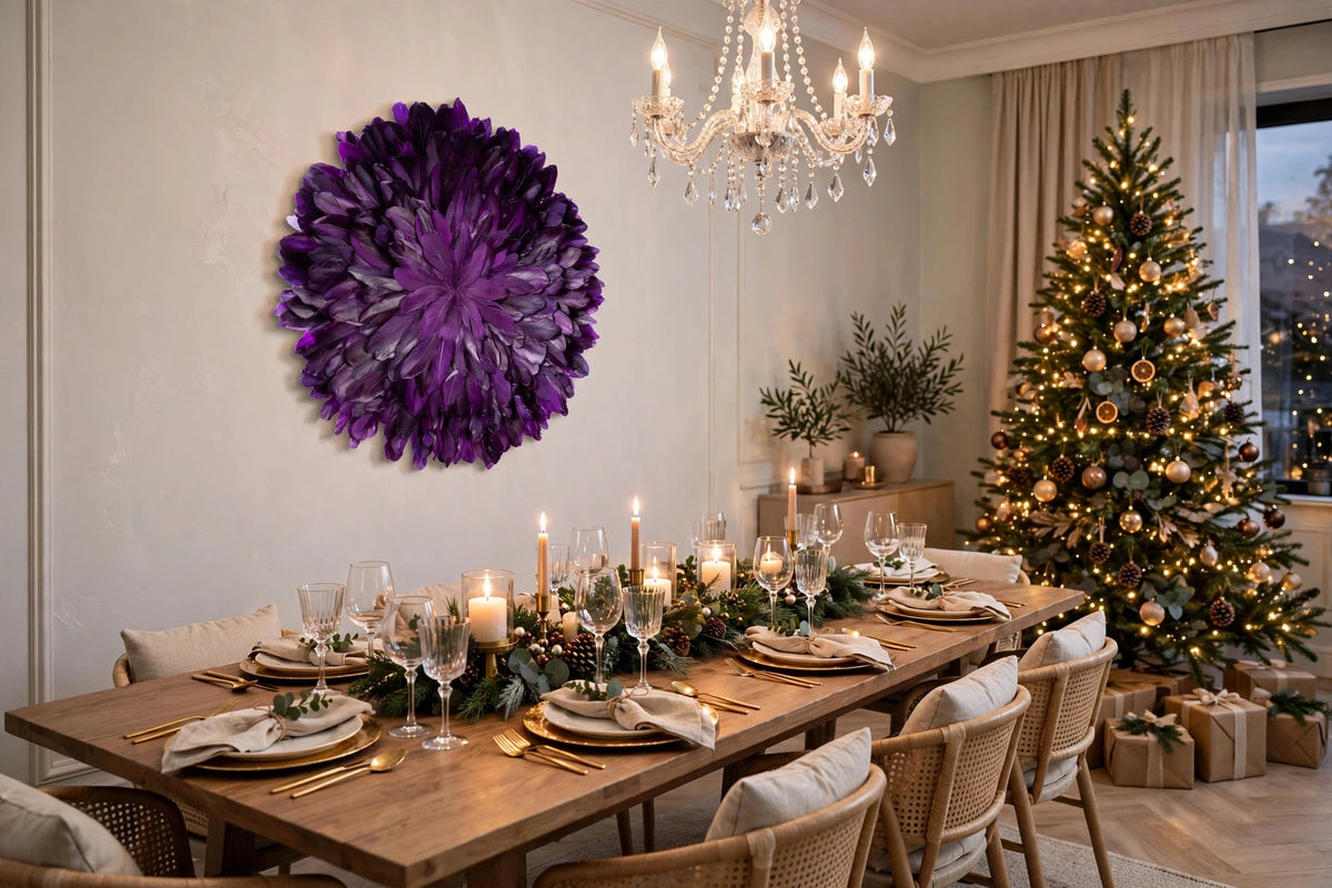 Unique Decorative Feather Wall Art Inspired by African JuJu Hats - Purple hung on a wall in a holiday-decorated room