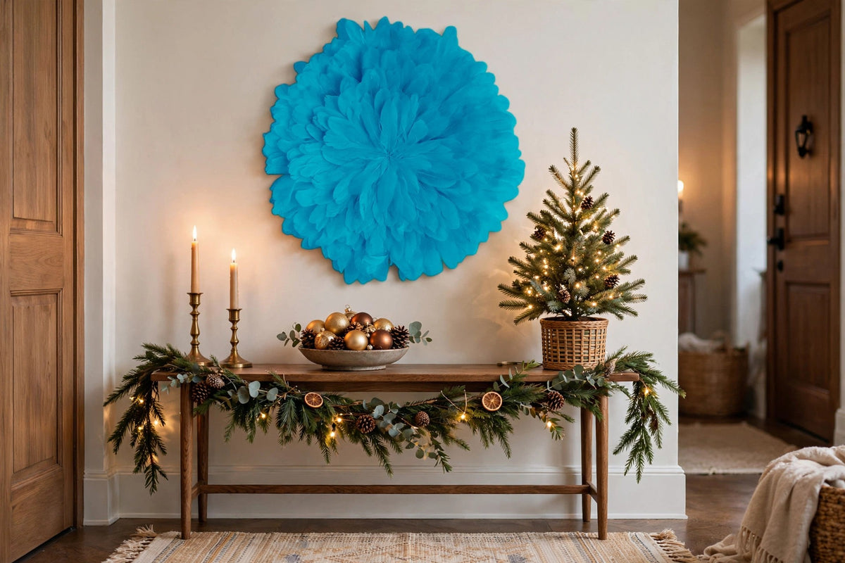 Unique Decorative Feather Wall Art Inspired by African JuJu Hats - Dark Turquoise hung on a wall in a holiday-decorated room