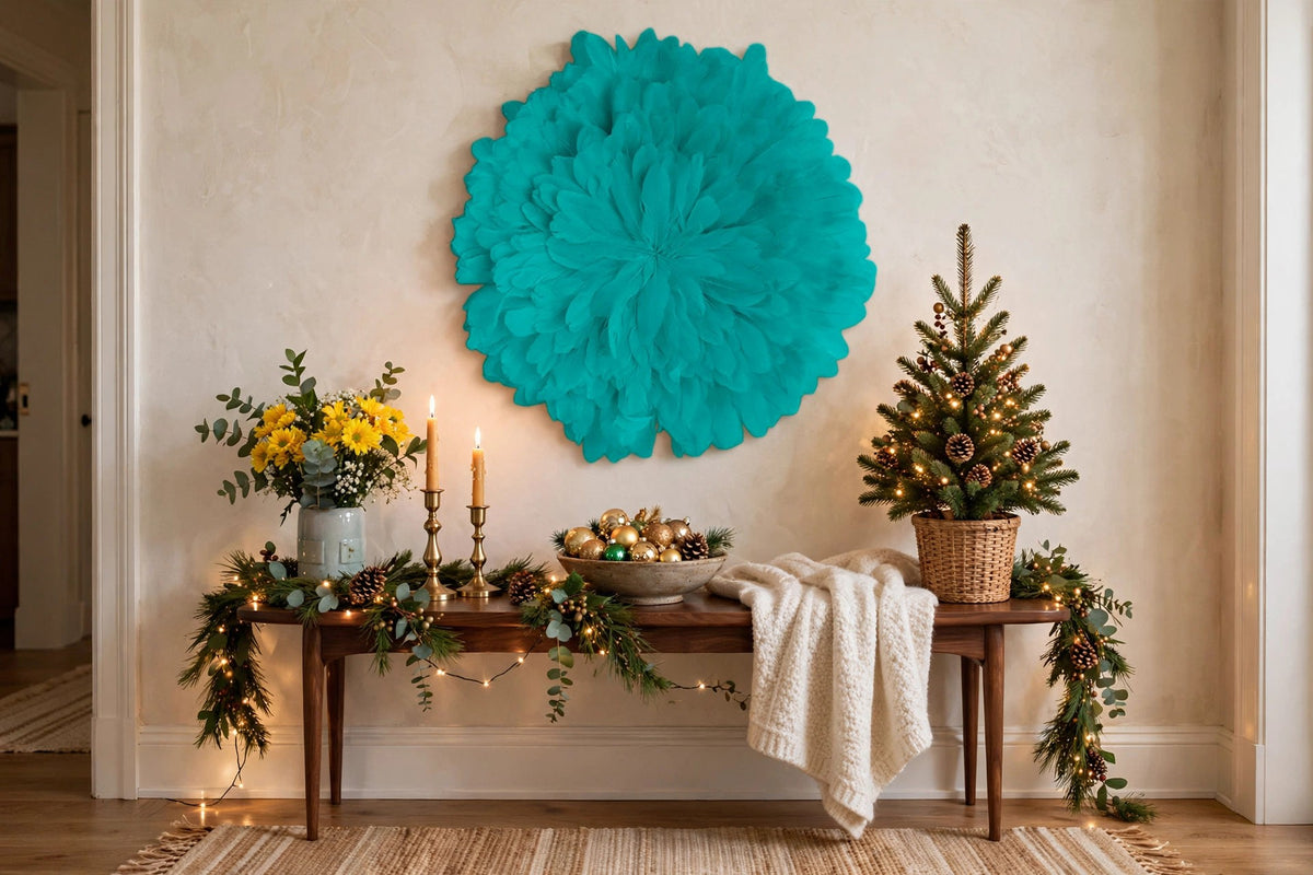 Unique Decorative Feather Wall Art Inspired by African JuJu Hats - Aquamarine hung on a wall in a holiday-decorated room
