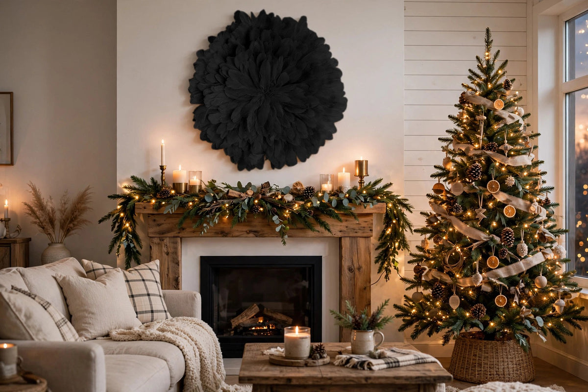 Unique Decorative Feather Wall Art Inspired by African JuJu Hats - Black hung on a wall in a holiday-decorated room
