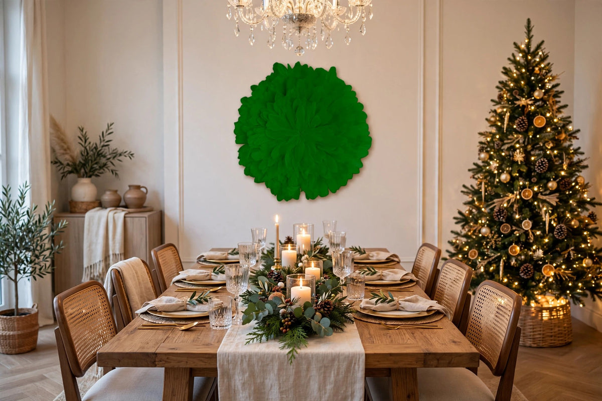 Unique Decorative Feather Wall Art Inspired by African JuJu Hats Kelly Green hung on a wall in a holiday-decorated room