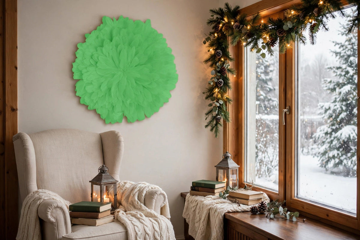Unique Decorative Feather Wall Art Inspired by African JuJu Hats - Apple hung on a wall in a holiday-decorated room