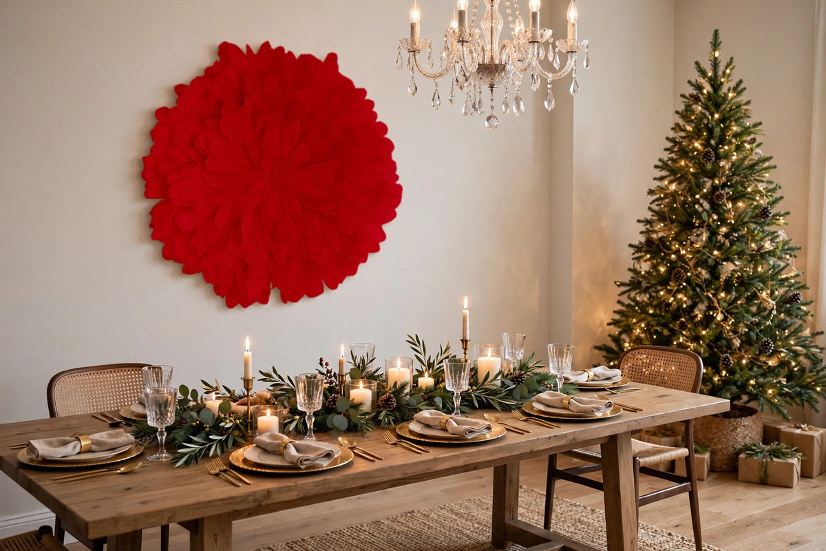 Unique Decorative Feather Wall Art Inspired by African JuJu Hats - Red hung on a wall in a holiday-decorated room