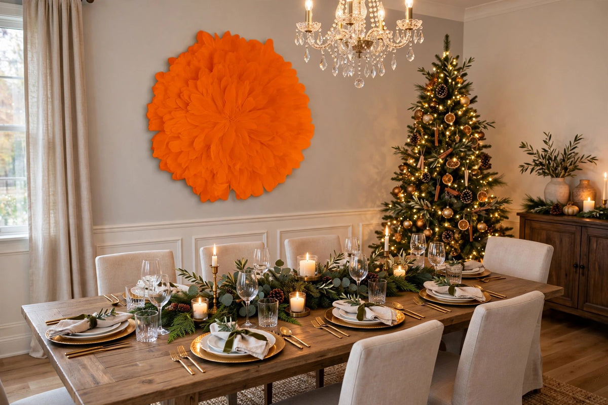 Unique Decorative Feather Wall Art Inspired by African JuJu Hats - Mango hung on a wall in a holiday-decorated room