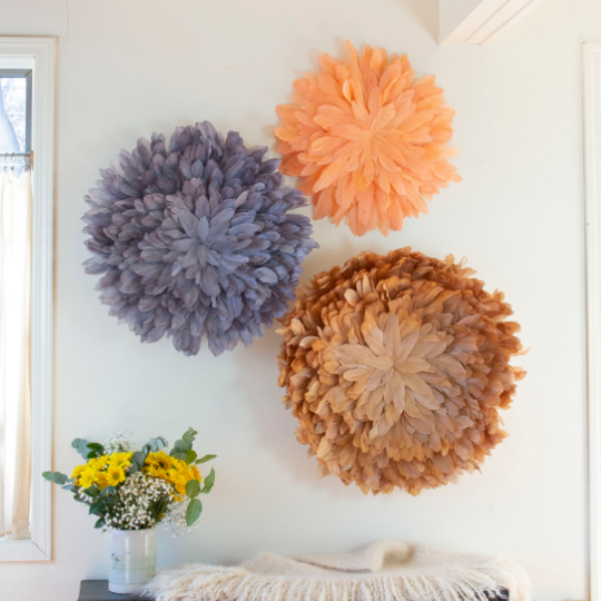 Unique Decorative Feather Wall Art Inspired by African JuJu Hats - Apricot Blush - Feathers