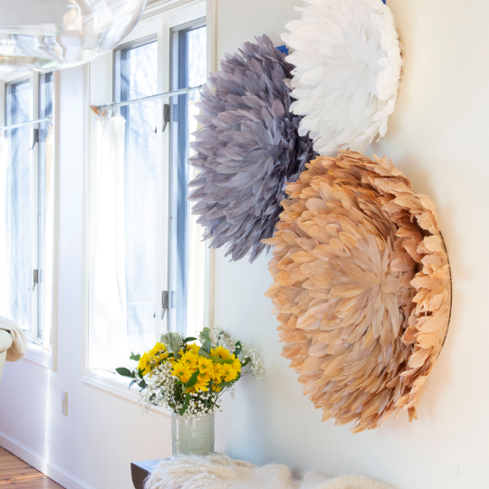 Unique Decorative Feather Wall Art Inspired by African JuJu Hats - Beige - Feathers