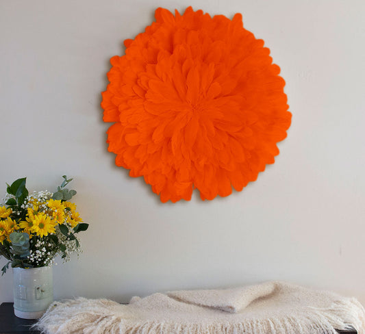 Unique Decorative Feather Wall Art Inspired by African JuJu Hats - Orange - Feathers