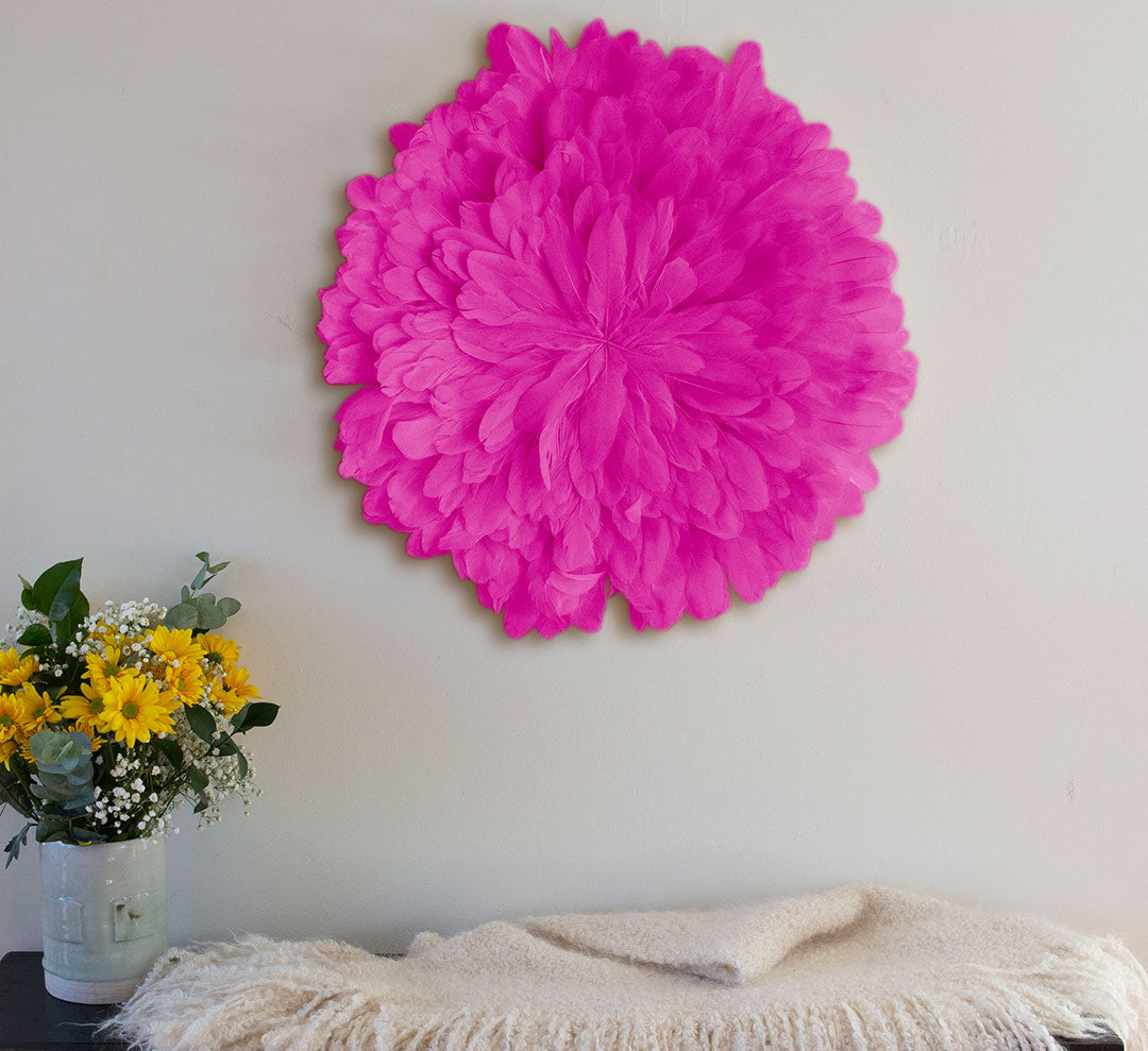 Unique Decorative Feather Wall Art Inspired by African JuJu Hats - Fluorescent Fuchsia - Feathers