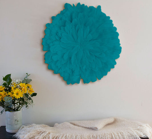 Unique Decorative Feather Wall Art Inspired by African JuJu Hats - Peacock Blue - Feathers