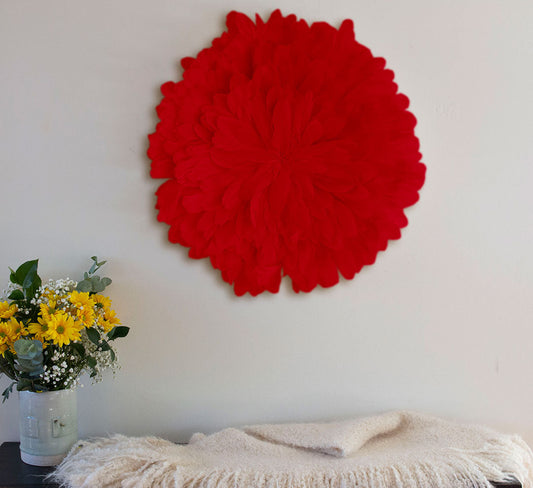 Unique Decorative Feather Wall Art Inspired by African JuJu Hats - Red - Feathers