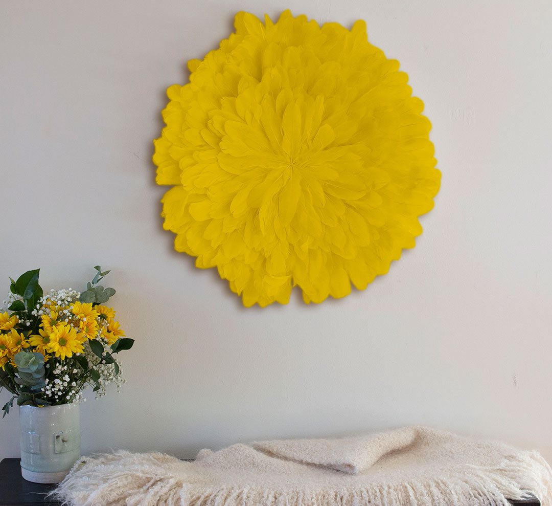 Unique Decorative Feather Wall Art Inspired by African JuJu Hats - Lemon Yellow - Feathers