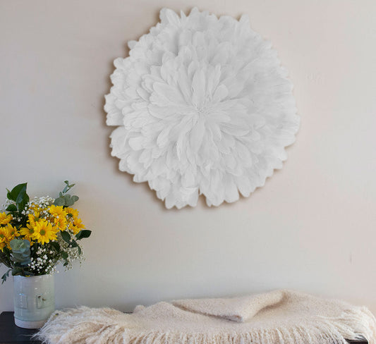 Unique Decorative Feather Wall Art Inspired by African JuJu Hats - White - Feathers