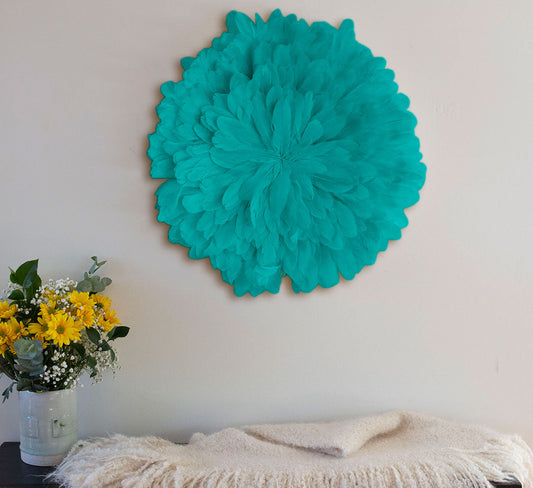 Unique Decorative Feather Wall Art Inspired by African JuJu Hats - Aquamarine - Feathers