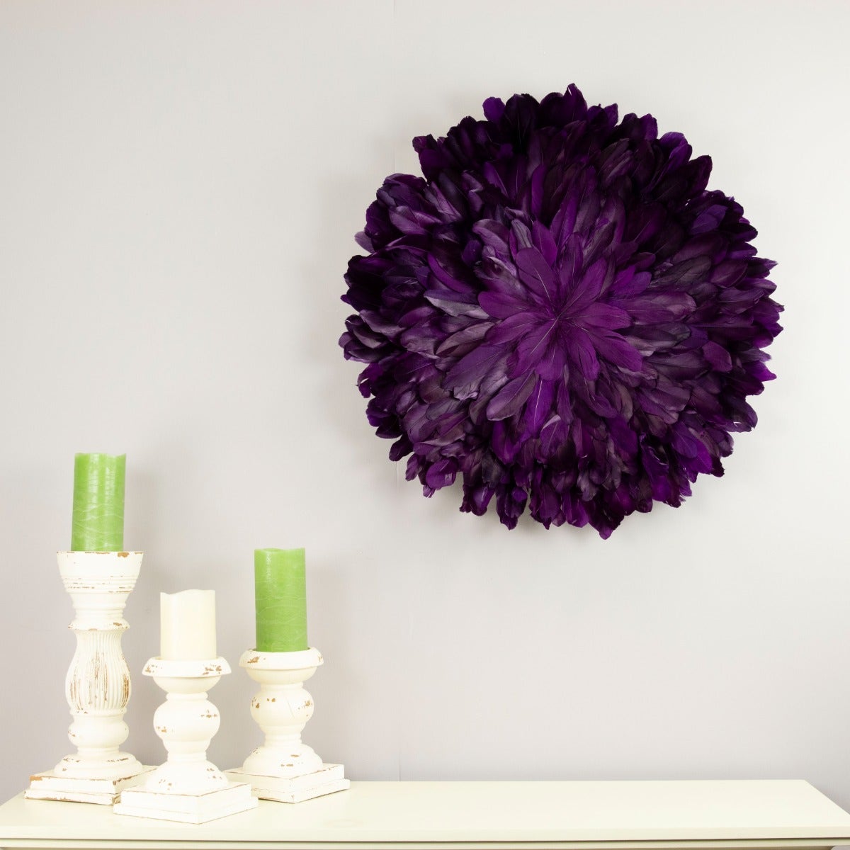 Unique Decorative Feather Wall Art Inspired by African JuJu Hats - Purple - Feathers