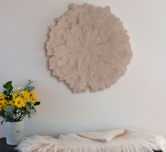 Unique Decorative Feather Wall Art Inspired by African JuJu Hats - Beige - Feathers