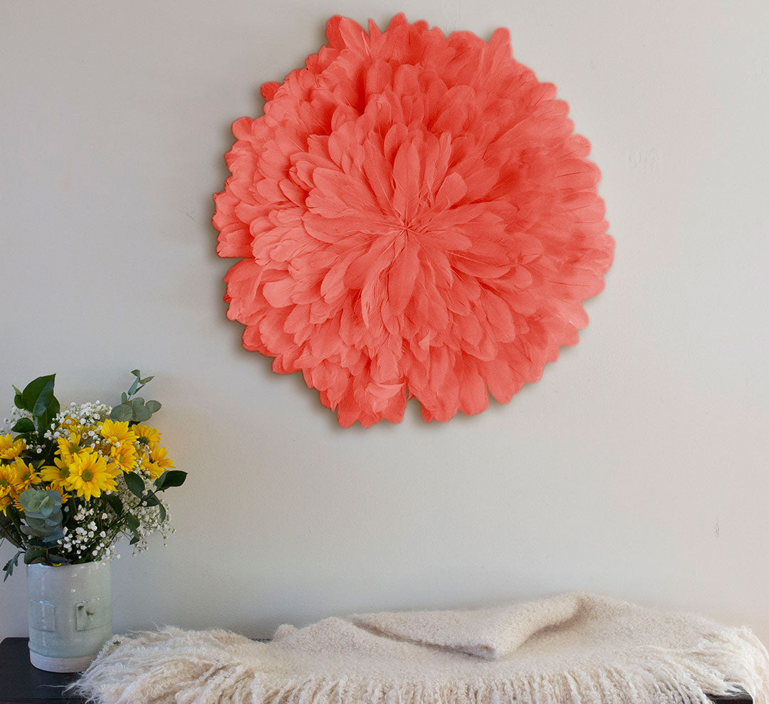 Unique Decorative Feather Wall Art Inspired by African JuJu Hats - Coral - Feathers