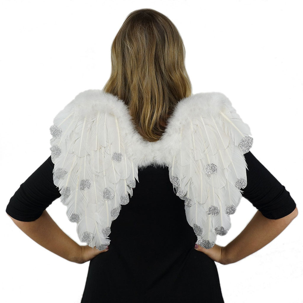 White Feather Angel Costume Wings - Halloween Cosplay Fairy Wing with Glitter