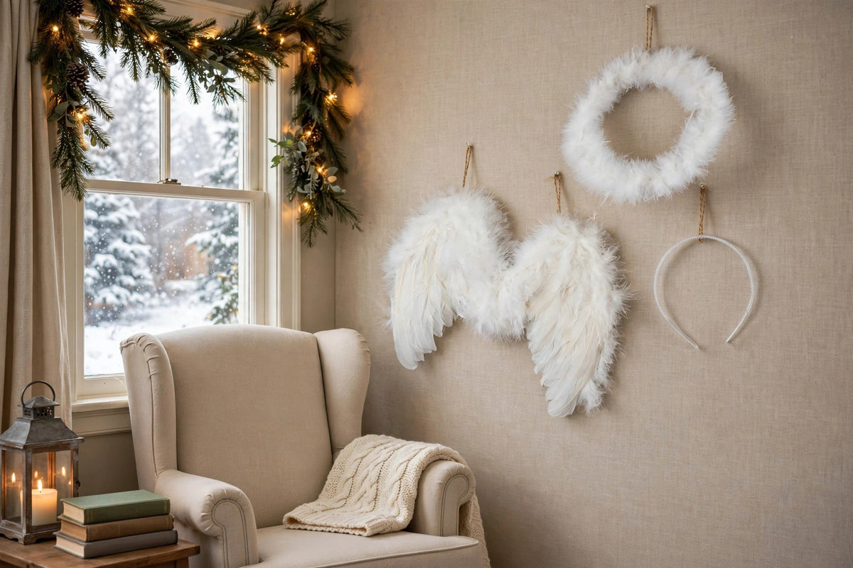 White Angel Wing Halo Costume - Kids Halloween Baby Toddler Feather Wings hung on a wall in a holiday-decorated room