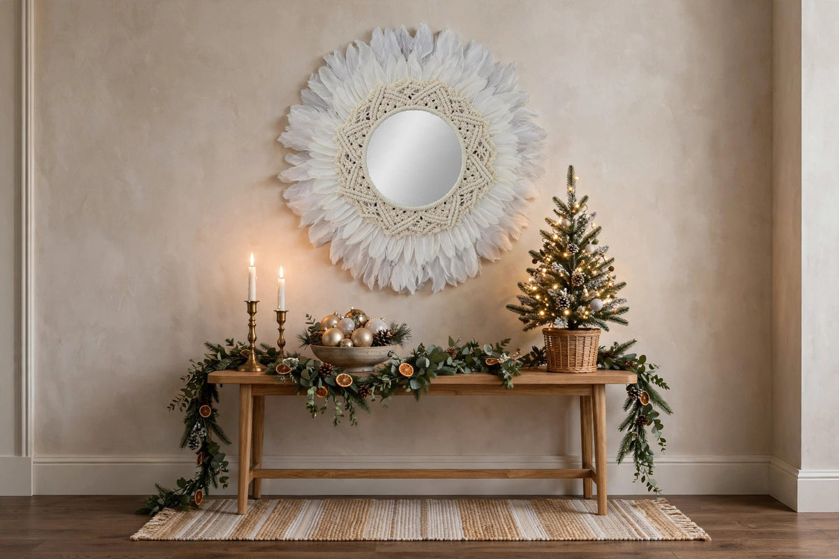 White Feather and  Macramé Mirror hung on a wall in a holiday-decorated room