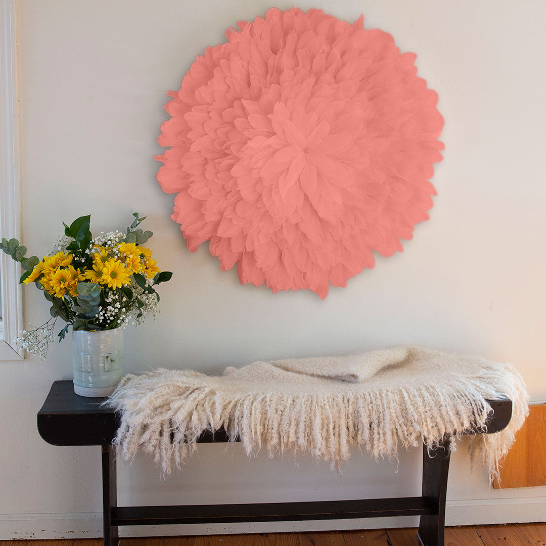 African JuJu Hat Feather Wall Art and Decor - Large - Apricot Blush