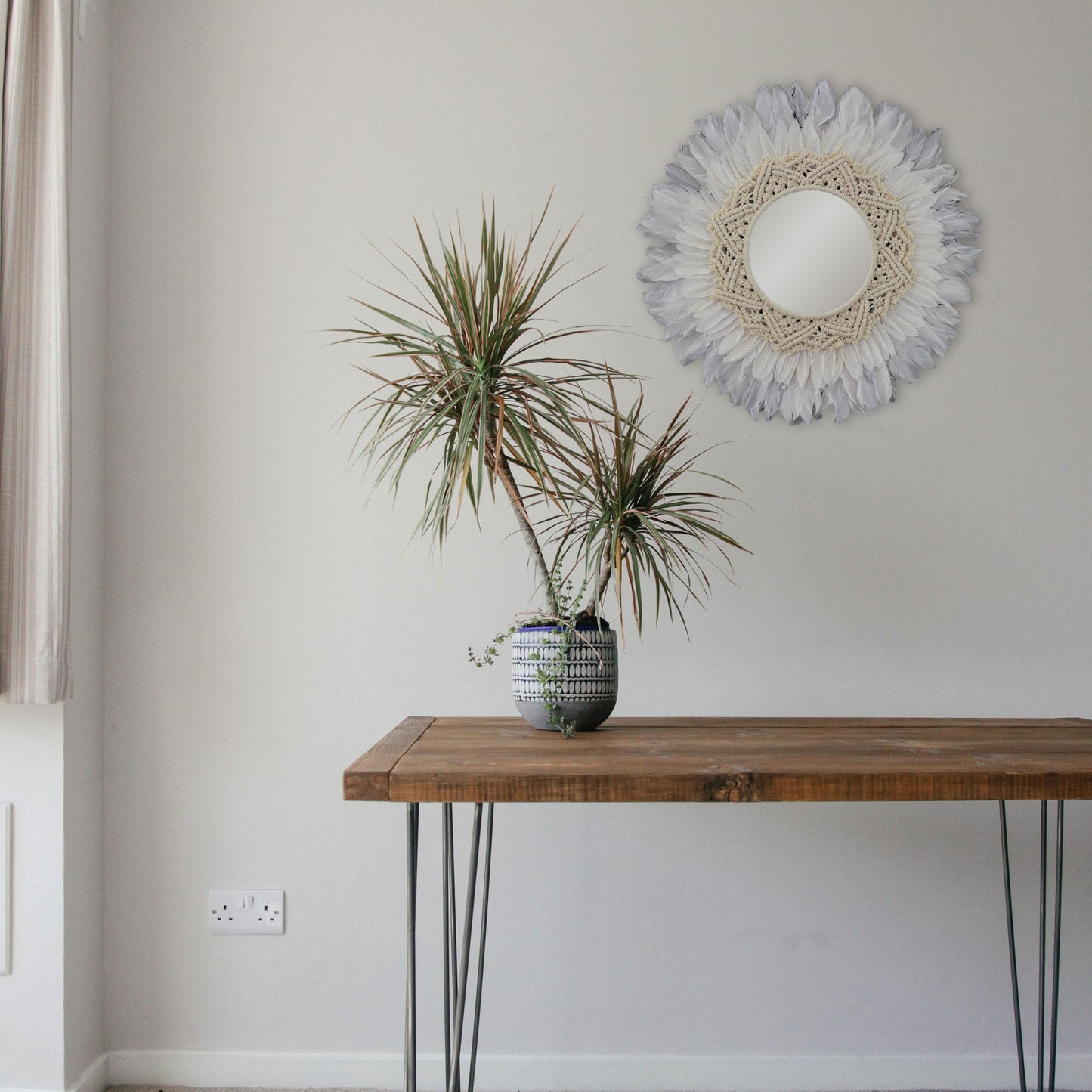 White Feather and  Macramé Mirror