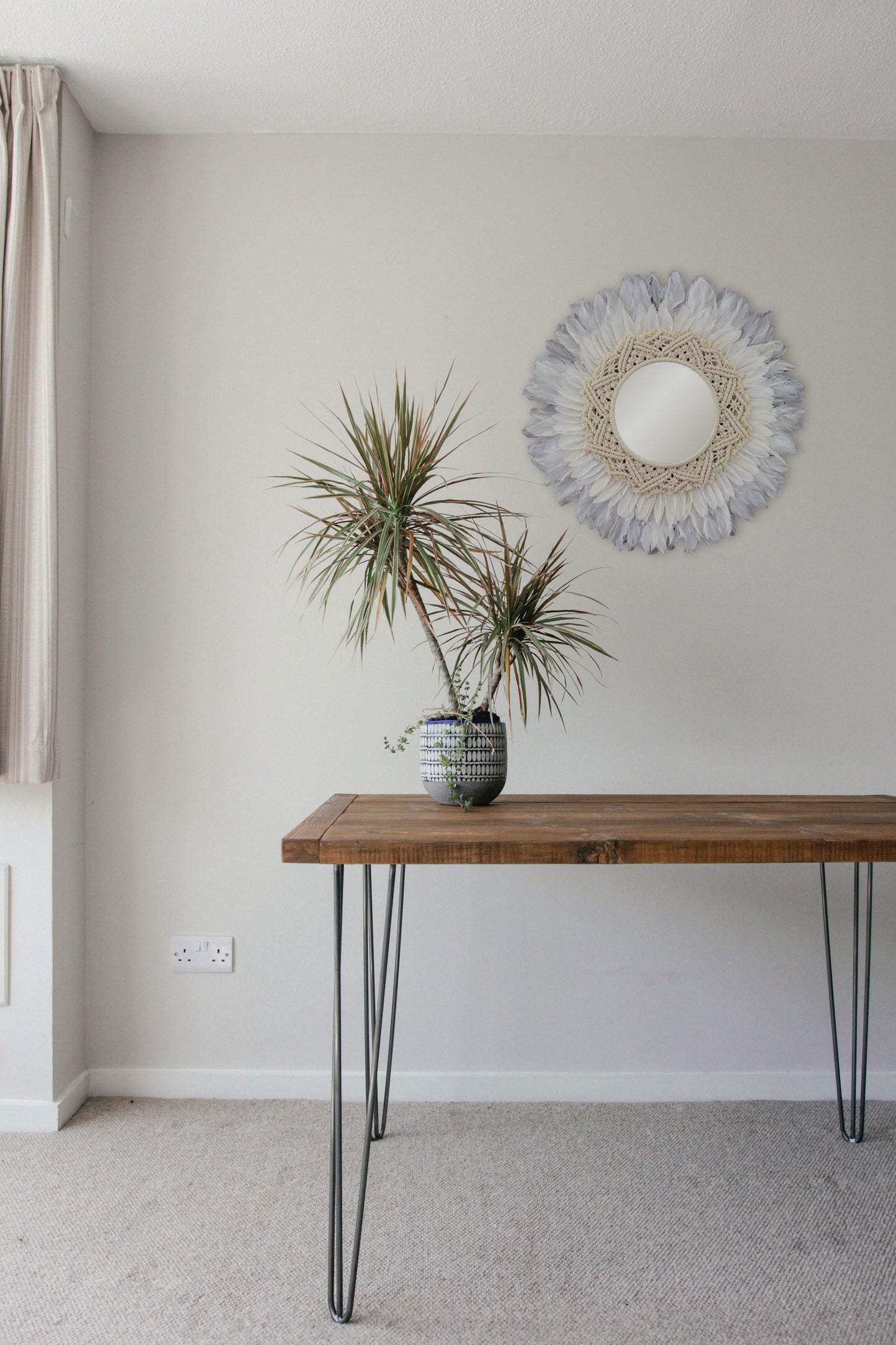 White Feather and  Macramé Mirror