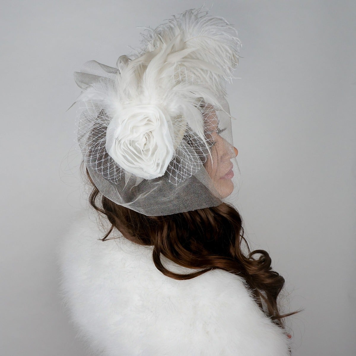 Ostrich Feather Fascinator Wedding, Victorian Style Party Hair Accessory - White