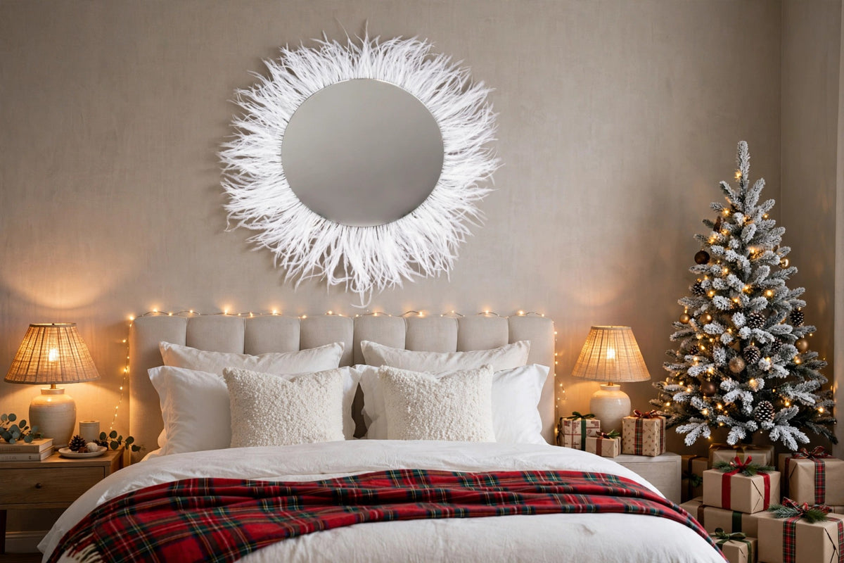 White Ostrich Feather Mirror Wall Art hung on a wall in a holiday-decorated room