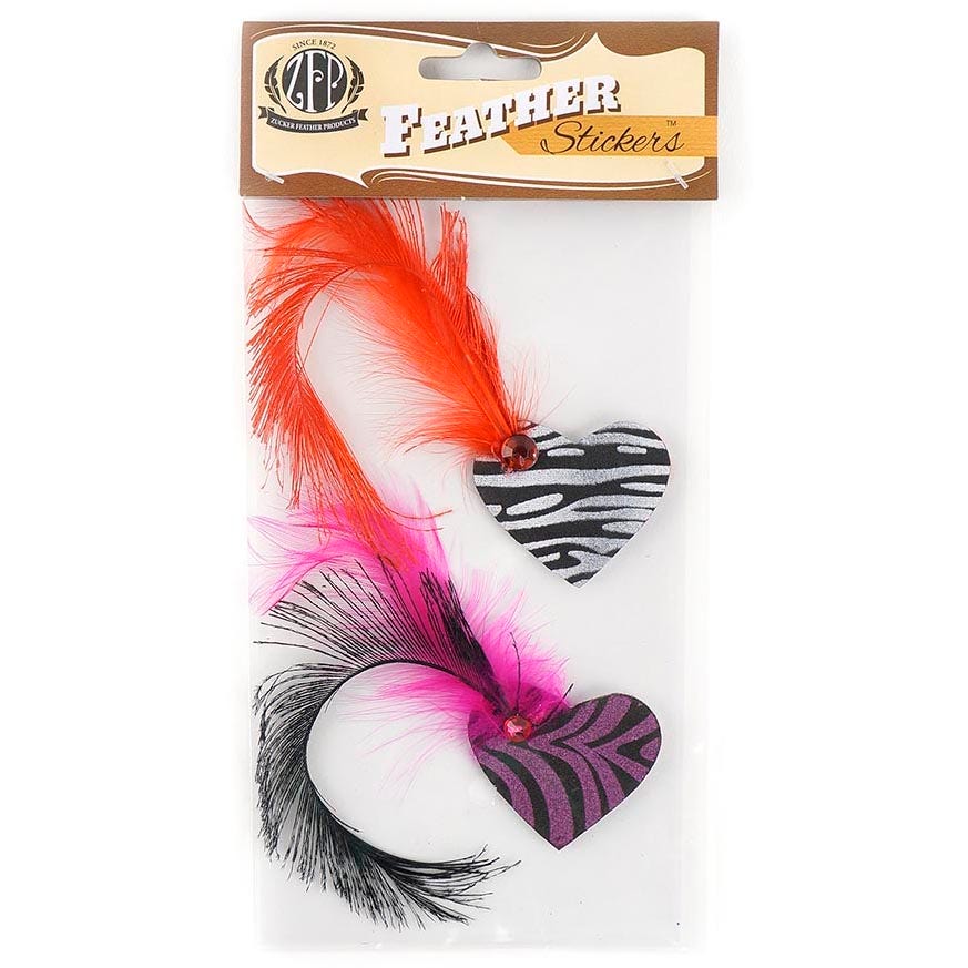 Zebra Heart Sticker w/Feathers Black Red White and Shocking Pink - Feathers