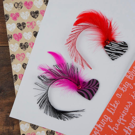 Zebra Heart Sticker w/Feathers Black Red White and Shocking Pink - Feathers