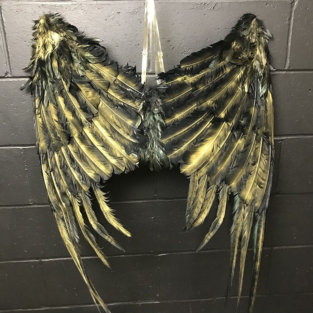 Custom Black and Gold Feather Evil Fairy Feather Wings  - Raven Costume Accessory