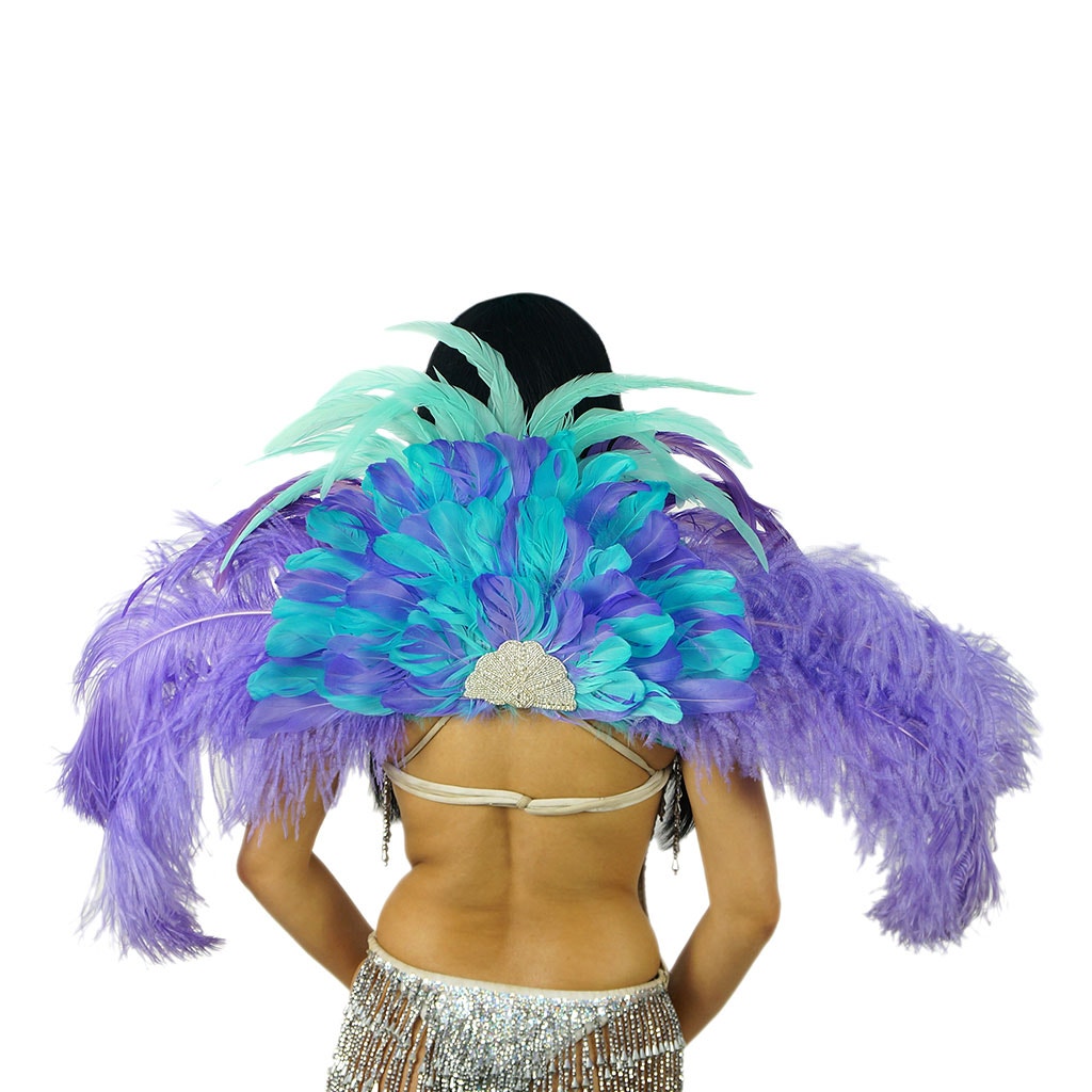 Carnival Feather Backpack w/Ostrich/Goose/Rooster Lt Turquoise/Lavender