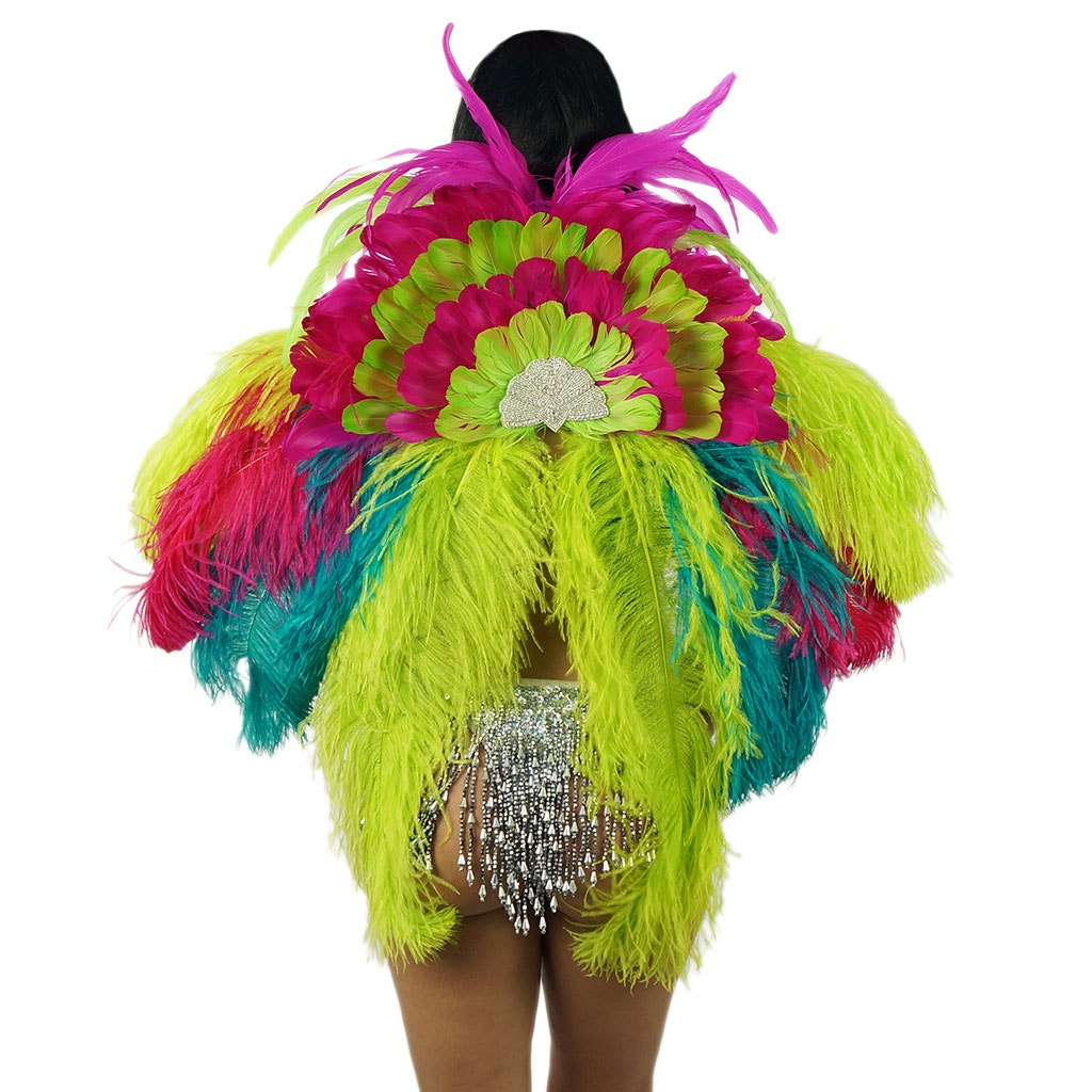 Carnival Feather Backpack w/Ostrich/Goose/Rooster Dk Aqua/Lime/Shocking Pink