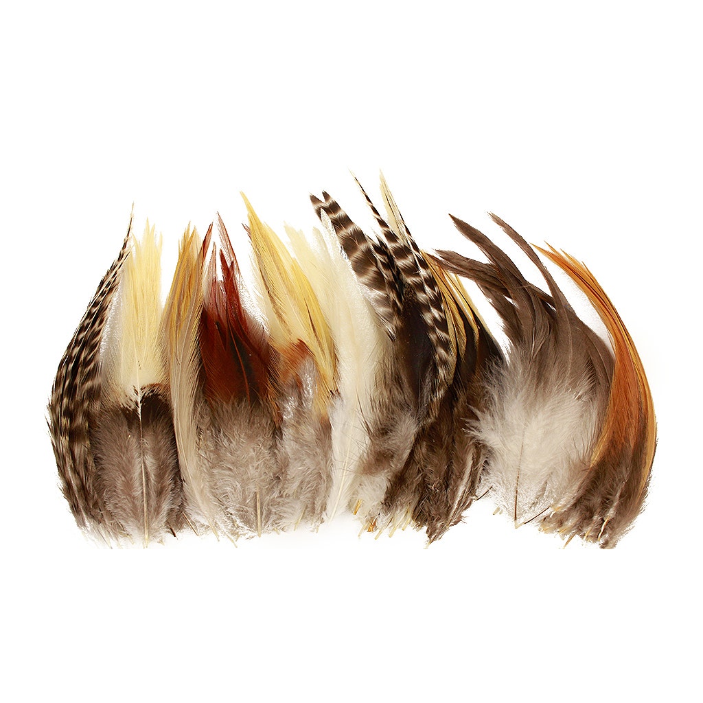 Natural Chin Grizzly Rooster Feather Mix  3-6" 12 pc/pkg