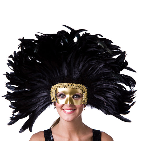 Feather Headdress Mask-Dyed - Black